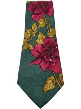 Hugo Boss Mens Silk Tie Green Floral Red Gold Designer Classic Italian